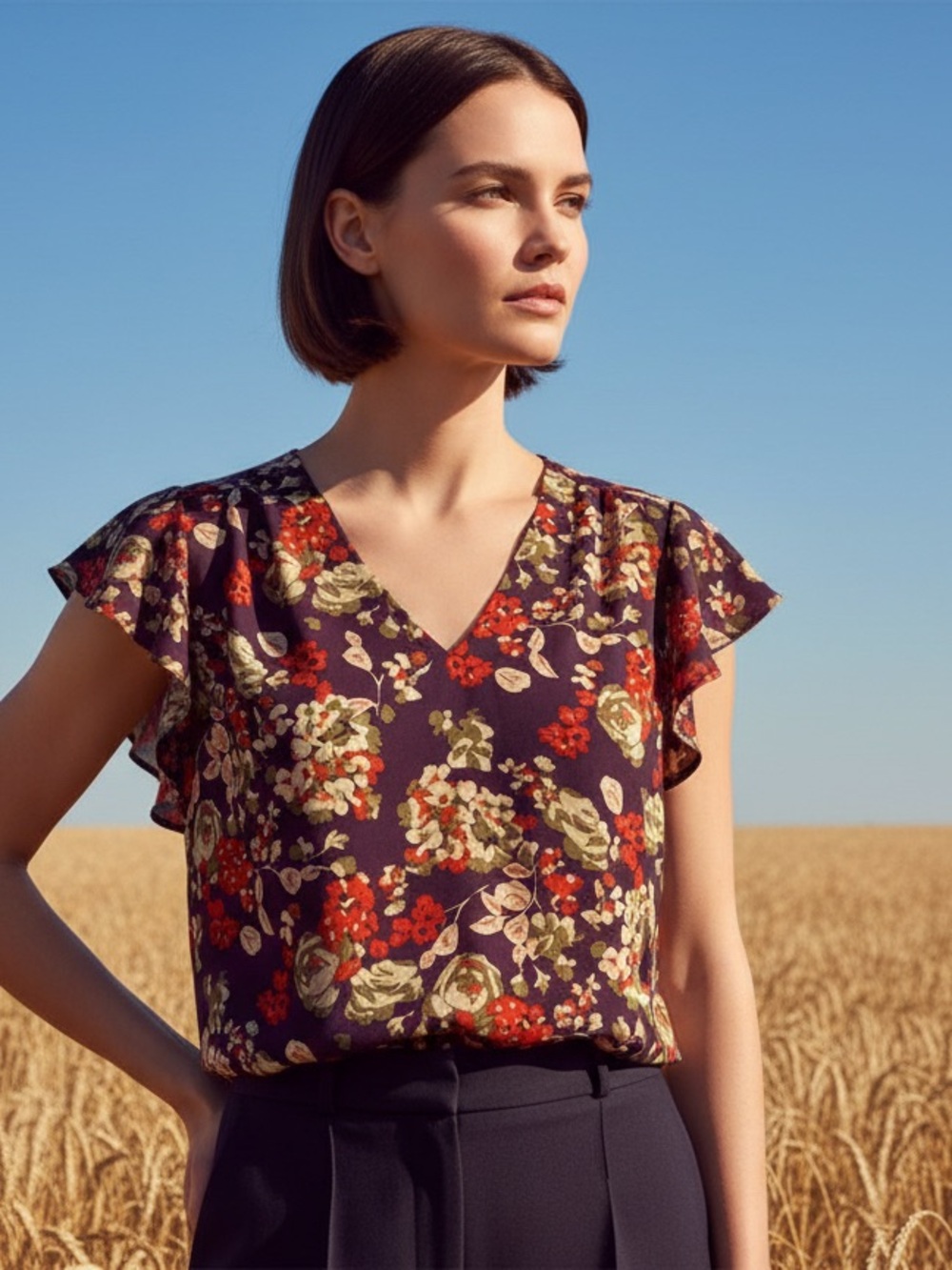 CAbi Plum Floral V-Neck Flutter Sleeve Blouse - Plum, Red, Cream